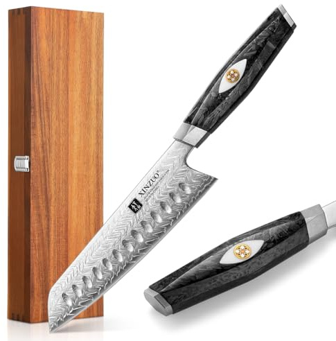 XINZUO 145 Schichten Damaststahl Santokumesser 18,7cm Küchenmesser-Österreichischer M390 Pulverstahl Handgeschmiedet scharf Chefmesser-Griff aus schwarzem Karbonfaserharz -mit Akazienholz-Geschenkbox