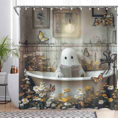 Luminora Rideau de Douche Halloween Ghost Takes a Bath Tub pour Salle de Bain, décorations Gothiques Vintage Florales et Papillons Sauvages avec 12 Crochets, Polyester imperméable 1,8x1,8 m