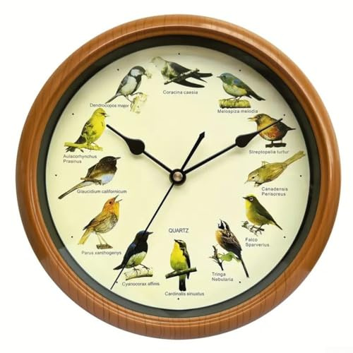 FACULX Wanduhr Singender Vogel, 33 cm, Kunstharz mit 12 stündlichen britischen und europäischen Vogelstimmen, für Heimdekoration, batteriebetrieben, Weihnachtsgeschenk (Kupfer, 33 cm)