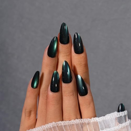 KQueenest Dark Green Cat Eye Press on Nails Almond Medium, Bling Black False Nails, Glazed Sparkly Fake Nails Press ons, Reusable Soft Gel Stick on Nail for Women Gothic Decoration, 30 Pcs