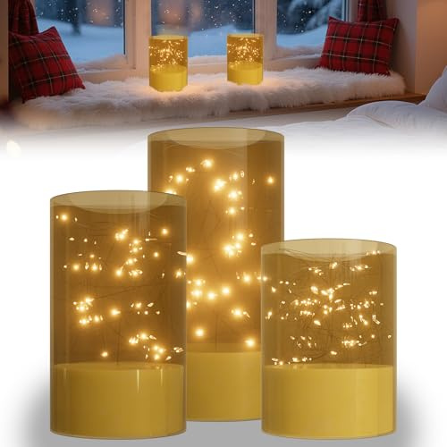 YRHome 3er LED Kerzen Set Flammenlose Kerzen mit Timer Funktion Flammenkerzen LED Stumpenkerzen für Weihnachten Deko Wohnzimmer Tischdeko - Gold