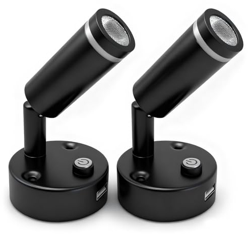 D-lite 12V LED Leselampe mit USB für Wohnmobil, Dimmbar Warmweiß und Blau | Schwarz Oberfläche, 12V Wandlampe für Wohnwagen, Boot, Camper, Bett, Wandmontage, 2 Stück