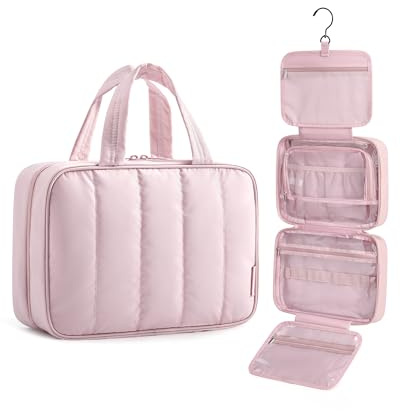 BAGSMART Puffer Kulturbeutel Damen, Tragbarer Kulturtasche zum Aufhängen | mit Hängehaken, wasserdichte Toiletry Bag Make up Bag, für große Accessoires, Toilettenartikel, Rosa