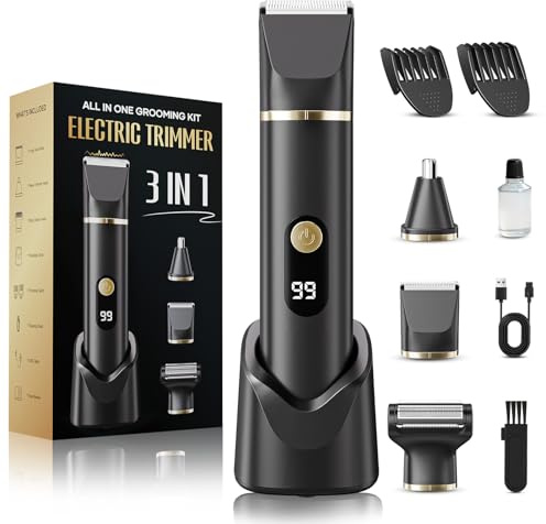 Beard Trimmer for Men, Electric Razor & Nose Hair Trimmer - IPX7 Waterproof All-in-One Body Grooming Kit for Wet/Dry Use on Beard, Chest, Legs & More (Black.)