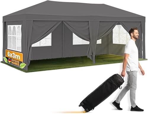 NATURIZ® Pavillon 3x6 Wasserdicht, Stabil und UV 50+ Schutz - Faltpavillon mit Seitenwänden hochwertig- Pop Up Zelt für Garten, Camping, Märkte - Partyzelt, Gartenpavillon, Gartenzelt (Grau, 3x6m)