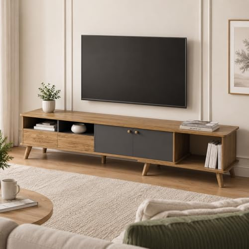 FURTOGUYI Large Extendable TV Stand for 55-80 Inch TV, Adjustable Media Entertainment Unit with Storage Cabinet & Display Shelves, Modern TV Cabinet for Living Room, Grey (TV Stand Only)