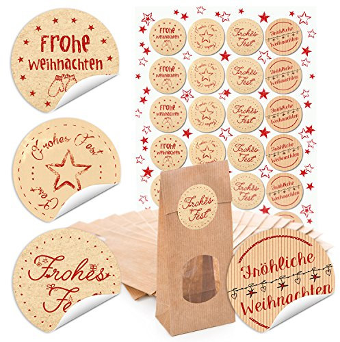 Logbuch-Verlag 24 Weihnachten Papiertüten Keksbeutel Blockbodenbeutel MIT FENSTER und Weihnachtsaufkleber Verpackung Tüte Beutel Lebensmittel Gebäck 7 x 4 x 20,5 cm