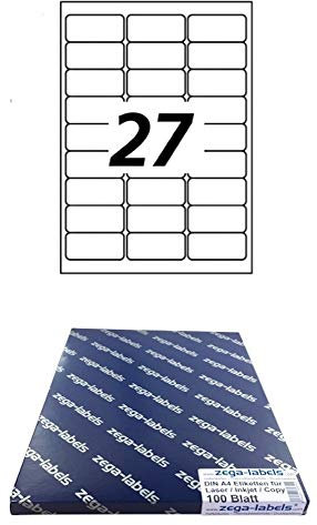 2.700 Etiketten 63,5 x 29,6 mm WIEDER ABLÖSBAR auf DIN A4 Bögen (3x9 Etiketten) - 100 Blatt Pack - Universell für Laser/Inkjet/Kopierer/Farblaser einsetzbar - 63x29 27-teilig