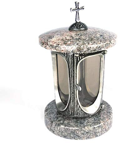 designgrab Alu Grablampe aus Aluminium in Antikoptik mit Kreuz in Granit Himalaya