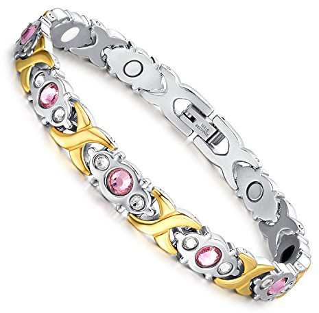 Flongo Damen Magnetarmband Magnet Therapie Kugel Perlen Armband Armreif mit Zirkonia Silber Rose Gold Gesundheit Elegant für Frauen