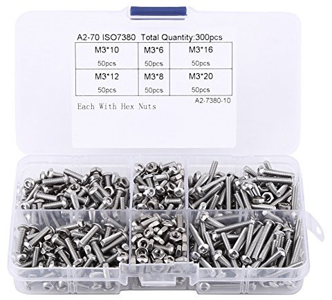 Juego de herramientas surtidas de tornillos y tuercas de cabeza hexagonal de acero inoxidable M3 de 300 piezas con caja de plástico