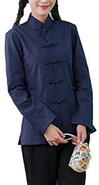 Lazutom Camicia da donna in lino a maniche lunghe per arti marziali cinesi, Kung Fu Tai Chi Tang, Blu, XXXL