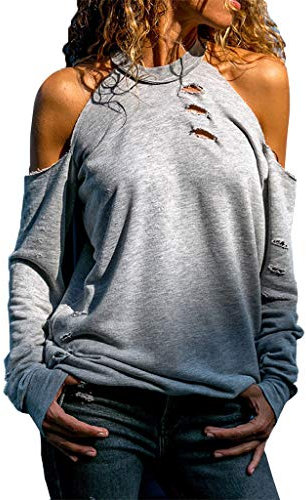 iHENGH Damen Top Bluse Lässig Mode T-Shirt Frühling Sommer Frauen Bequem Blusen Lange Hülse Weg vom Schulter Normallack beiläufiges Hemd Einfache Oberteile(Grau, M)