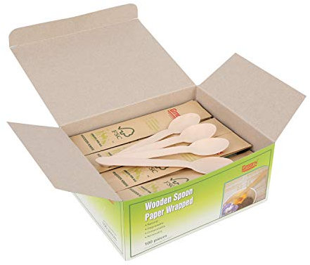 Gmark Einweg-Löffel aus Holz, mit Papier verpackt, 100 Stück à 16,5 cm, 100 % natürlich, umweltfreundlich, biologisch abbaubar und kompostierbar, 100 Karat, einzeln verpackt in Box GM1024