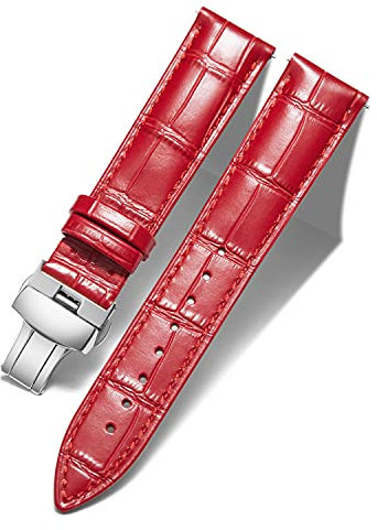 BINLUN Leder Uhrenarmband Lederarmband Ersatz Uhrenarmbänder für Herren Damen mit Silber/Gold/Roségold Schmetterling Faltschließe 12-24mm(17mm Rot-Silber Schnalle)