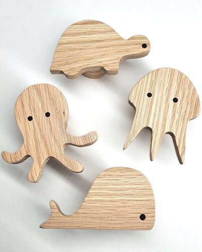 PLT Meerestiere Wandhaken aus unbehandeltem Eichenholz (Wal Schildkröte Krake Qualle) Ozean Garderobe Eingangsbereich Kleiderhaken Kinderzimmer Flur Baby Geschenk