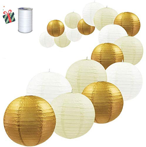 Treer 18 Stück Goldene Papierlaterne Rund Lampenschirm, Verschiedene Größen und Farben Papier Laterne Dekoration Set mit elastischer Fischseidenfaden für Hochzeit Geburtstag Faschings Party Garten