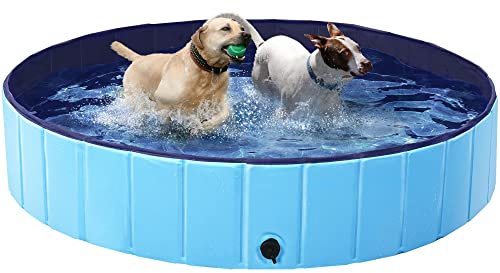 Yaheetech Hundepool faltbar, Planschbecken für Hunde 140 x 30 cm, Anti-Rutsch-Platten, Schnelle Entwässerung, Hundebadewanne mit Badebürste & 4 Flicken, Swimmingpool Verdickt PVC, Blau