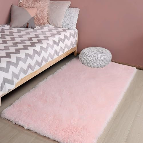 Pink Soft Rug for Girls Bedroom,Fluffy Area Rug 2'X3' for Living Room,Furry Carpet for Kids Room,Shaggy Door Mat for Entryway,Fuzzy Plush Rug for Dorm,Pink Carpet,Rectangle,Cute Room Decor Baby