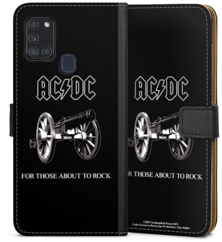 Klapphülle kompatibel mit Samsung Galaxy A21s Handyhülle aus Kunst Leder schwarz Flip Case ACDC Musik Fanartikel