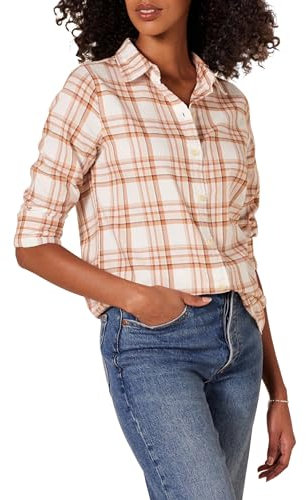 Amazon Essentials Damen Regular-Fit Leichtes Kariertes Langarm-Flanellhemd, Ecru Blassrosa Alpenplaid, S