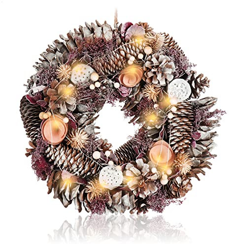 COM-FOUR® LED Türkranz mit Timer - Adventskranz mit LED-Beleuchtung, Pinienzapfen und rosa Blüten - Weihnachtsdeko - Weihnachtskranz mit 12 warmweißen LED