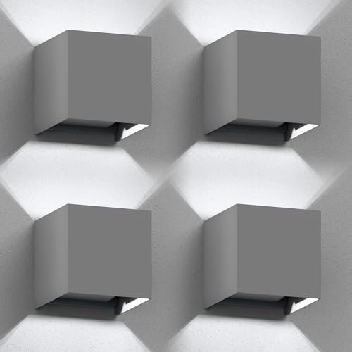 ledscom.de 4 Stück Wandleuchte CUBEL für außen, grau, IP65, Up & Downlight, quadratisch + LED Lampe 596lm, weiß