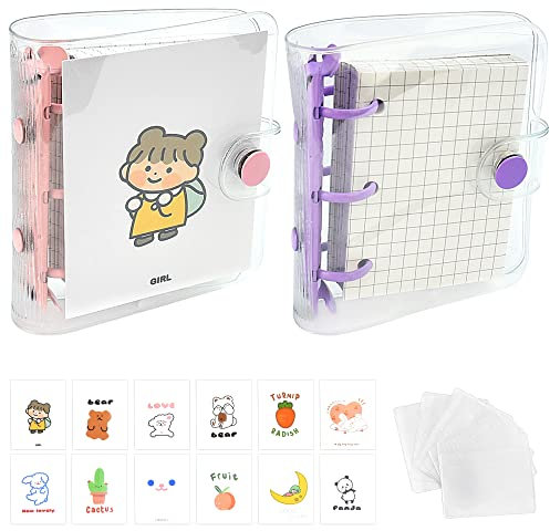 YAANBUNB 2 Stk Ringbuch Mini 3 Ringe Mini Journal Ringbuch 3 Loch Transparent Notizbuch Tagebuch Rosa Lila Ring Buch Durchsichtig Notizringbuch mit PVC Hüllen und 12 Stück Titelblatt für Büro Schule