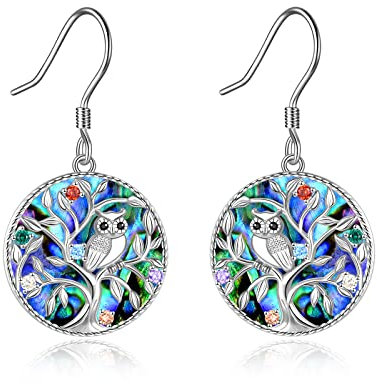 Eule Ohrringe Sterling Silber Abalone Muschel Baum des Lebens Eule Tropfen Ohrhänger für Frauen Mädchen