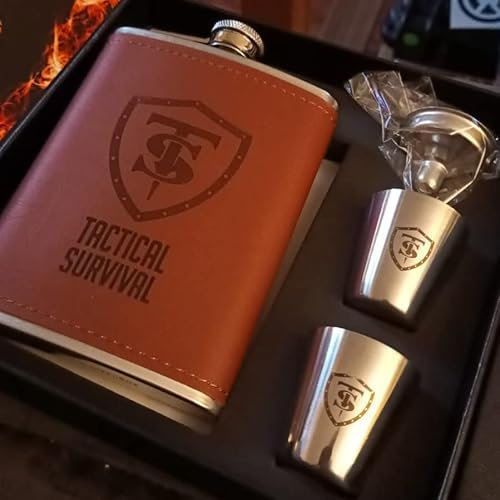 Flasque 8 oz/227 ml Cuir marron avec 2 verres et entonnoir en acier inoxydable | Flasque Whisky, Ron et Vodka pour homme, flacon de Licor, 100% résistant fuites, flasque de poche pour voyage | 40124