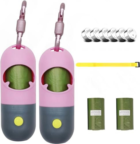 Morn Light 2 Pack Hundekotbeutelhalter mit Taschenlampe Hundekotbeutelspender für Leine mit auslaufsicheren grünen Kotbeuteln für Hundespaziergänge (2 Spender 60 Beutel) (Pink)