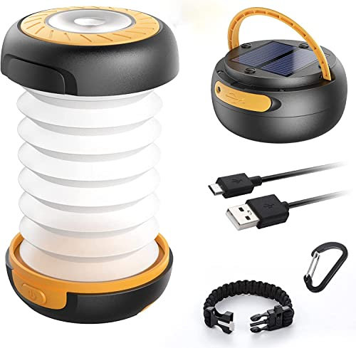GlobaLink LED Campinglampe Faltbare Solar Camping Laterne Energienbank mit 2 Lademethoden (Solar/USB) und 3 Lichtmodi für Camping, Angeln, Notfall -inkl. Survival Armband mit Pfeife(Gelb)
