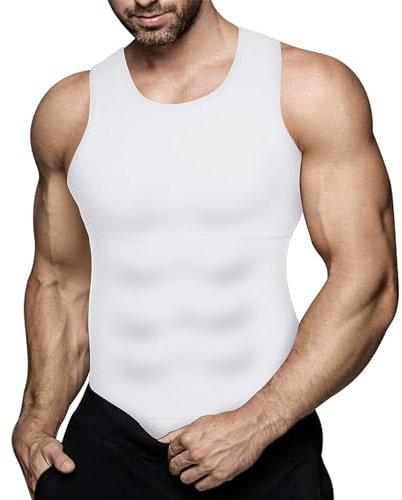 Herren-Kompressionsshirt, figurformend, Unterhemd, Workout, Tank-Top, Bauchmuskelunterhemden, Weiss/opulenter Garten, Large