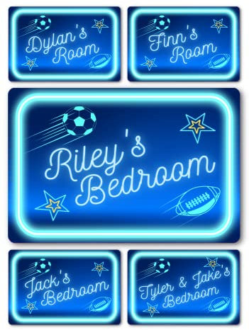 Bedroom Decor Name Signs - Custom Personalised Neon Style Metal Plaque for Children, Kids, Boys & Girls Home Decor, Nursery, Playroom Door (Boys Football & Sports Blue)