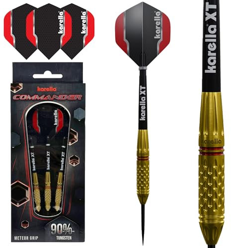 Karella Steeldart Commander Gold 90% Tungsten Steeldart, 24g, für Klassische Dartscheibe, 3 Dartpfeile mit Metallspitze, Dartboard, Wolfram, Profidart mit Flight und Shaft