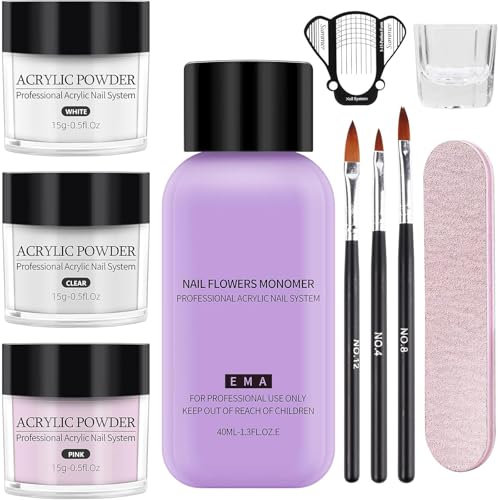 Yokilly Acrylic Nail Kit for Beginners: 3Colors Pink Nudes Clear Acrylic Powder Ser with Nail Brush Set for Nails Extension