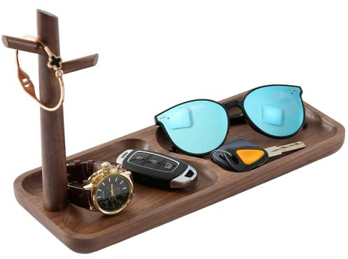 CYQGDKF Plateau à clés en bois pour table d'entrée, plateau à bijoux, plateau avec 3 supports à suspendre, pour bagues, téléphone, bracelets, montres (Bois de noyer)