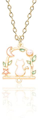 WEITING Moda creativa joyería hecha a mano aleación esmalte doble colgante Luna conejo colgante geométrico corona Animal colgante collar-XL0633-Pink