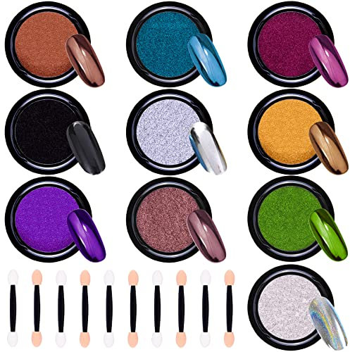 Duufin 10 Jars Nail Chrome Powder Metallic Mirror Effect Nail Powder 1g/Jar with 10 Pcs Eyeshadow Sticks, 10 Colours