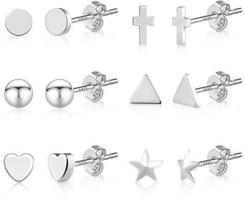 Silber 925 Ohrringe Set Ohrstecker Kleine Damen, 6 Paar Multipack Sterling Silber Ohrstecker Set Knorpel Ohrringe Kleine Silber Glitz Ohrstecker Herz Kugel Stern Dreieck Ohrringe Damen