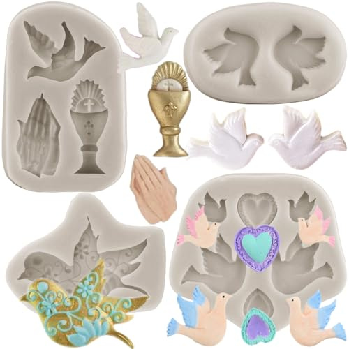 Sijiangmold Set di 4 stampi in silicone a forma di colomba per la prima comunione, per decorazioni di cupcake, decorazioni per torte, caramelle, argilla polimerica, cioccolato, pasta di gomma