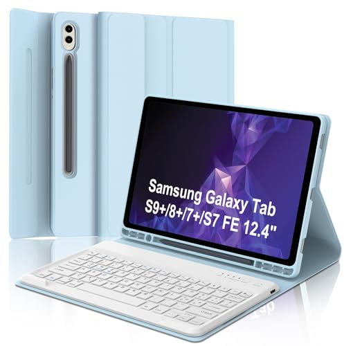 SENGBIRCH Tastaturhülle für Samsung Galaxy Tab S9Plus /S8+ /S7+ /S7FE 12,4 Zoll, italienisches QWERTY-Layout, abnehmbare kabellose Bluetooth-Tastatur, Tastaturabdeckung S9Plus 12,4 Zoll, Hellblau