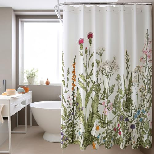 HOMEWINS Duschvorhang 180x200 cm Polyester Textil mit Muster, Waschbar und Schimmelresistant, Wasserdicht und Schnell Trocknend, Badevorhang mit 12 Duschvorhangringe - Waldblume