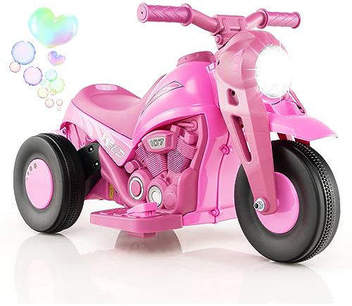 GYMAX Kids Electric Motorbike, 6V Ride on Motorcycle with Bubble Maker, Music, Headlights, Forward & Backward, 3 Wheels Children Motor Bike for 3 Years Old+ Boys Girls (Pink)