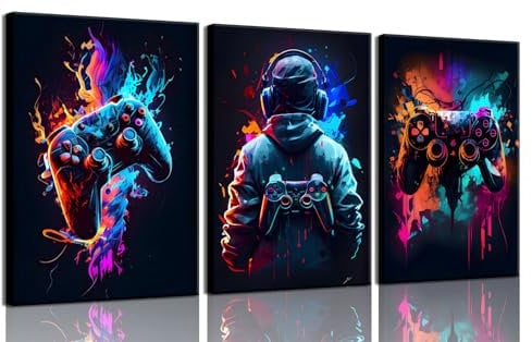 3Pcs Cool Gaming Wall Art Retro Video Game watercolor Posters Pictures Colorful Neon Gamepad Canvas Painting Prints for Boys Room Kids Game Room Accessories Bedroom Home Decoration Framed (Colorful,