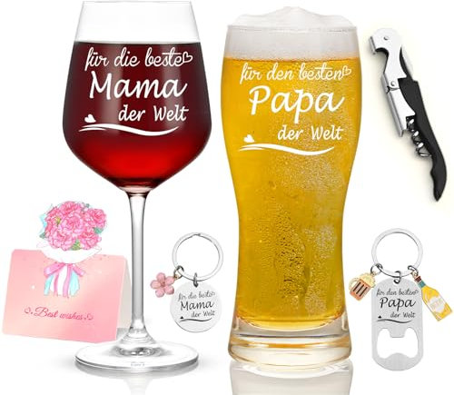Joymaking Juego de copa de vino tinto y vaso de cerveza con grabado – para la mejor mamá y el mejor papá del mundo, regalos para padres papá mamá, regalo personalizado para padres para el día de la