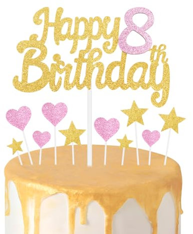 Gold Pink 8th Birthday Cake Topper, Girls 8th Birthday Decorations, Glitter Heart Stars Cake Toppers, Personalised Happy Birthday Cake Cupcake Toppers for Women Girls Baby Birthday Party Supplies