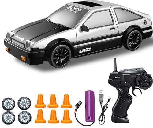 DYOUen RC Drift Car, 1:24 Rennen mit 4WD Ferngesteuertes Auto 2.4Ghz Spielzeugauto Rennauto mit Arbeitsscheinwerfern Austauschbare Reifen 2 Wiederaufladbare Batterie (silbrig)