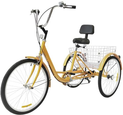 Dreirad Für Erwachsene 24 Zoll, 7 Gang Einstellbar Fahrrad 3-Rad Erwachsene Dreirad mit Einkaufskorb Weiche Sattel und Die Rückenlehne Last-95Kg, für Alle Arten Von StraßEnoberfläChen (Gelb)