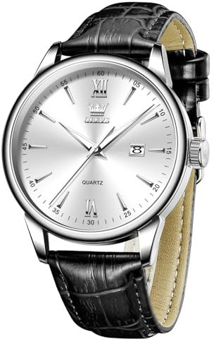 OLEVS Schwarz Herrenuhr mit Lederarmband Modern Wasserdicht Herren Armbanduhr Weiss Zifferblatt Großes Quarz Herrenarmbanduhr mit Datum Analog Kleid Uhren für Männer Leuchtend Geschenke